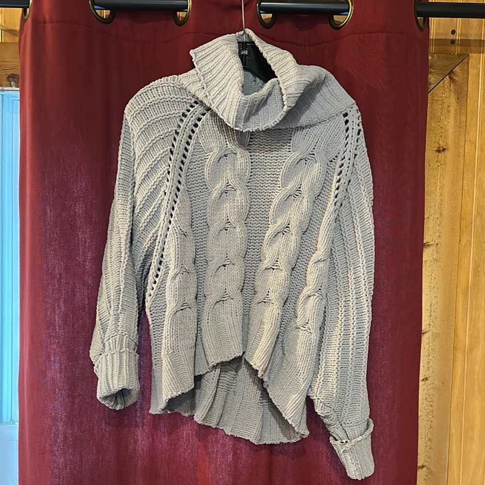 Cozy Gray Cable Knit Turtleneck Sweater